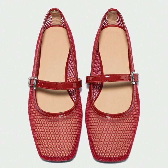 Red Fashionable Women's Ballet Flats Spring Square Toe Flat Shoes - Picture 2 of 7
